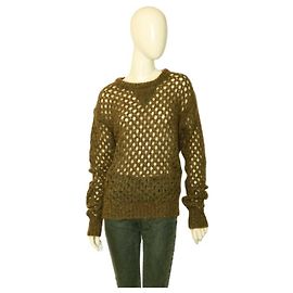 Isabel Marant Green Beige Woolen Mohair Open Knit Perforated Sweater Top size 38 Green