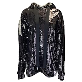 Marques Almeida-Marques Almeida Black / Silver Metallic Sequin Embellished Hooded Drawstring Sweatshirt-Black
