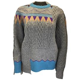 Sacai-Sacai Grey / Blue Multi Patchwork Cable Knit Wool Sweater-Grey
