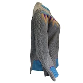 Sacai-Gris Sacai / Pull en laine tricoté à torsades bleu multi patchwork-Gris