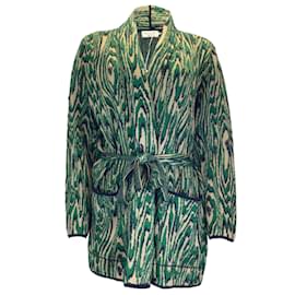 Dries Van Noten-Dries van Noten Vert / Couleur Beige / Cardigan noir en tricot de laine avec ceinture à manches longues-Vert