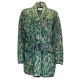 Dries Van Noten Trocknet van Noten Green / Beige / Schwarzer, langärmliger Wollstrick-Cardigan mit Gürtel Grün
