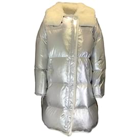 Yves Salomon-Yves Salomon Army Silver Metallic / Ivory Lamb Shearling Trimmed Hooded Quilted Down Puffer Coat-Silvery