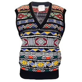 Stella Jean-Stella Jean Gilet jacquard en tricot de laine noir sans manches à col en V-Multicolore