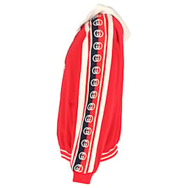 Gucci-Felpa con cappuccio e zip con bordino Web Gucci in cotone rosso-Rosso