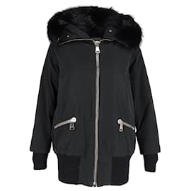 Moncler-Moncler Fur-Trimmed Zip Down Coat in Black Polyester-Black