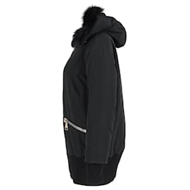 Moncler-Moncler Fur-Trimmed Zip Down Coat in Black Polyester-Black
