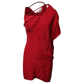 Sandro-Sandro Paris Vestido drapeado de un hombro en seda roja-Roja