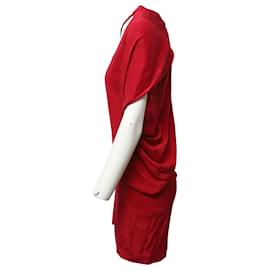 Sandro-Sandro Paris Vestido Drapeado de Um Ombro em Seda Vermelha-Vermelho