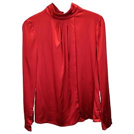 Giorgio Armani Armani Collezioni Stehkragen-Langarm-Plisseebluse aus roter Polyesterseide Rot