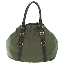 Prada-PRADA Hand Bag Nylon Leather 2way Green Brown Auth 56070-Brown,Green
