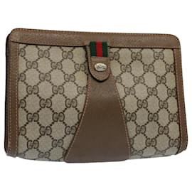 Gucci-GUCCI GG Canvas Web Sherry Line Clutch Bag PVC Leather Beige Red Auth 55907-Red,Beige,Green