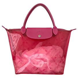 Longchamp-Borsa pieghevole iconica 90è Longchamp (M) logo in pelle e PVC rosa confetto (fucsia)-Rosa
