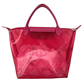 Longchamp-Bolso plegable icónico 90s Longchamp (M) Logotipo rosa caramelo de cuero y PVC. (fucsia)-Rosa