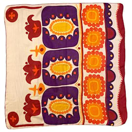Pierre Cardin-Sublime foulard 60s  Pierre Cardin soie sauvage motifs géométriques multicolores-Rouge,Beige,Orange,Violet