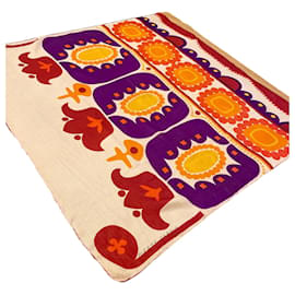 Pierre Cardin-Sublime foulard 60s  Pierre Cardin soie sauvage motifs géométriques multicolores-Rouge,Beige,Orange,Violet