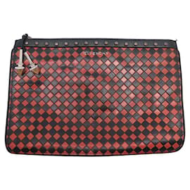 Givenchy-GIVENCHY RED AND BLACK DAMIER LEATHER POUCH CLUTCH HANDBAG-Other
