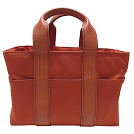 Hermès-NEUE HERMES ACAPULCO PM CABAS HANDTASCHE AUS CANVAS UND ZIEGELROTEM LEDER-Rot