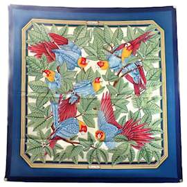 Hermès-FOULARD HERMES LES PERROQUETS 1ERE EDITION 1984 METZ CARRE 90 SOIE SCARF-Bleu