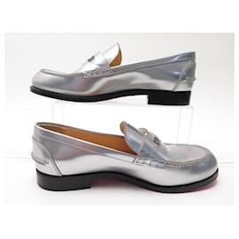 Christian Louboutin-NEW CHRISTIAN LOUBOUTIN SHOES MONTEZUMO MOCCASINS 37 LEATHER LOAFERS-Silvery