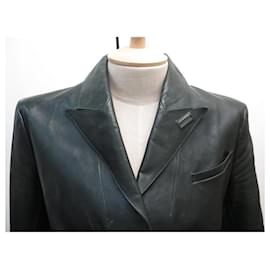 Hermès-MANTEAU HERMES LONG DOUBLE EN CUIR VEAU BECERRO M 40 LEATHER COAT JACKET-Vert