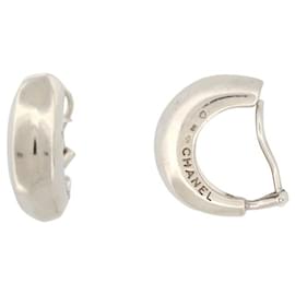 Chanel-CHANEL CREOLES LOGO STERLING SILVER EARRINGS 25GR SILVER HOOP EARRINGS-Silvery