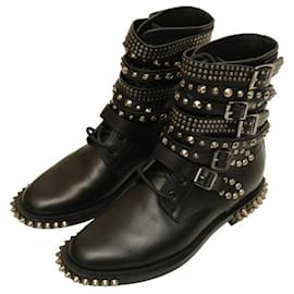 Saint Laurent-Saint Laurent Bottes Biker Ranger cloutées en cuir noir avec fermeture à boucle sz 39,5-Noir