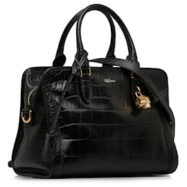Alexander Mcqueen-Alexander McQueen Black Small Croc Embossed Skull Padlock Satchel-Black