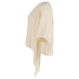 Céline-Celine Top drapeado assimétrico embelezado com strass em seda creme-Branco,Cru