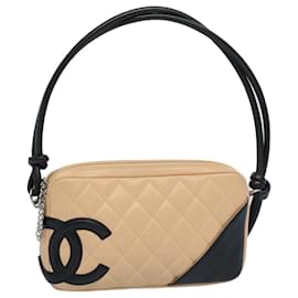 Chanel-CHANEL Cambon Line Accessory Pouch Leather Black Beige CC Auth 56755-Black,Beige