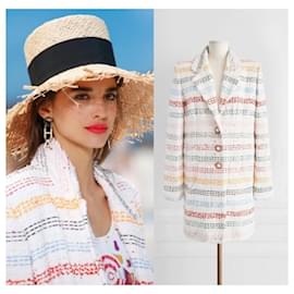 Chanel-Chanel 19SS Runway Stripe White and Multicolor Long Tweed Jacket Coat Size FR 38 Oversized-White,Multiple colors
