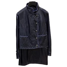 Chanel Rare leather tweed suit Navy blue Dark blue