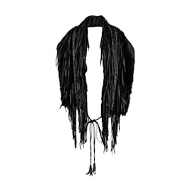 Autre Marque-Faux Fur Scarf with Leather Fringes-Black