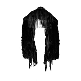 Autre Marque-Faux Fur Scarf with Leather Fringes-Black