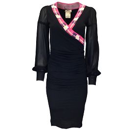 Fuzzi Preto / Vestido midi de malha rosa com mangas compridas e decote em V Preto
