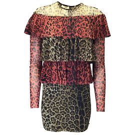 Fuzzi Red / Tan / Black Leopard Printed Ruffled Long Sleeved Mesh Dress Multiple colors