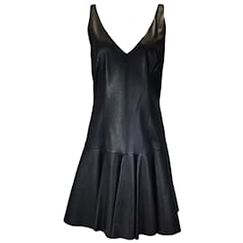 Ralph Lauren-Ralph Lauren Blue Label Black Sleeveless V-Neck Flared Leather Dress-Black