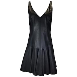 Ralph Lauren-Ralph Lauren Blue Label Vestido negro de cuero acampanado sin mangas con cuello en V-Negro