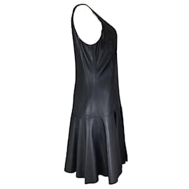 Ralph Lauren-Ralph Lauren Blue Label Vestido negro de cuero acampanado sin mangas con cuello en V-Negro