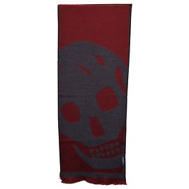Alexander McQueen Skull Scarf in Red and Grey Wool Red Dark red