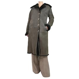 Autre Marque-Khakifarbener Midi-Mantel aus Schaffell mit Knöpfen – Größe UK 14-Khaki