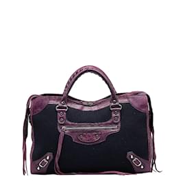Balenciaga-Motocross Classic Leather & Suede City Bag 115748-Purple