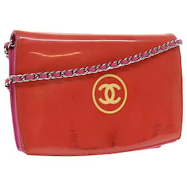 Chanel-CHANEL Chain Shoulder Bag Patent Leather Orange CC Auth bs8828-Orange