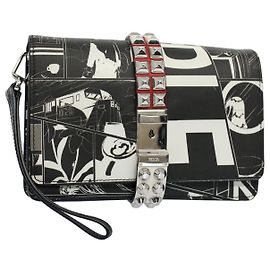 PRADA VITELLO COMICS Pochette Cuir Noir Blanc Auth 56942 Noir Blanc