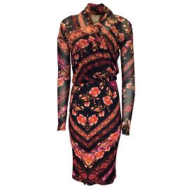 Fuzzi Noir / Robe midi fuchsia en maille et satin imprimé multi-fleurs Multicolore