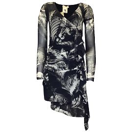 Fuzzi Schwarz / Grau bedrucktes, langärmliges Mesh-Midikleid mit V-Ausschnitt Schwarz