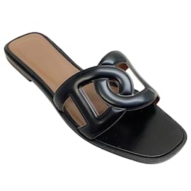 Hermès-Hermes Black Leather Aloha Slide Sandals-Black