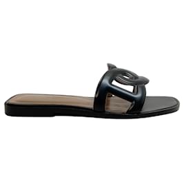 Hermès-Hermes Black Leather Aloha Slide Sandals-Black