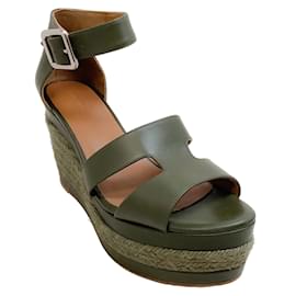 Hermès-Hermes Dark Olive Green Espadrille Wedge Sandals-Green
