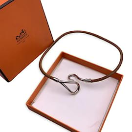 Hermès-Hermes Tan Leder gefüttertes Tour-Armband aus silbernem Metall mit Jumbo-Haken-Beige